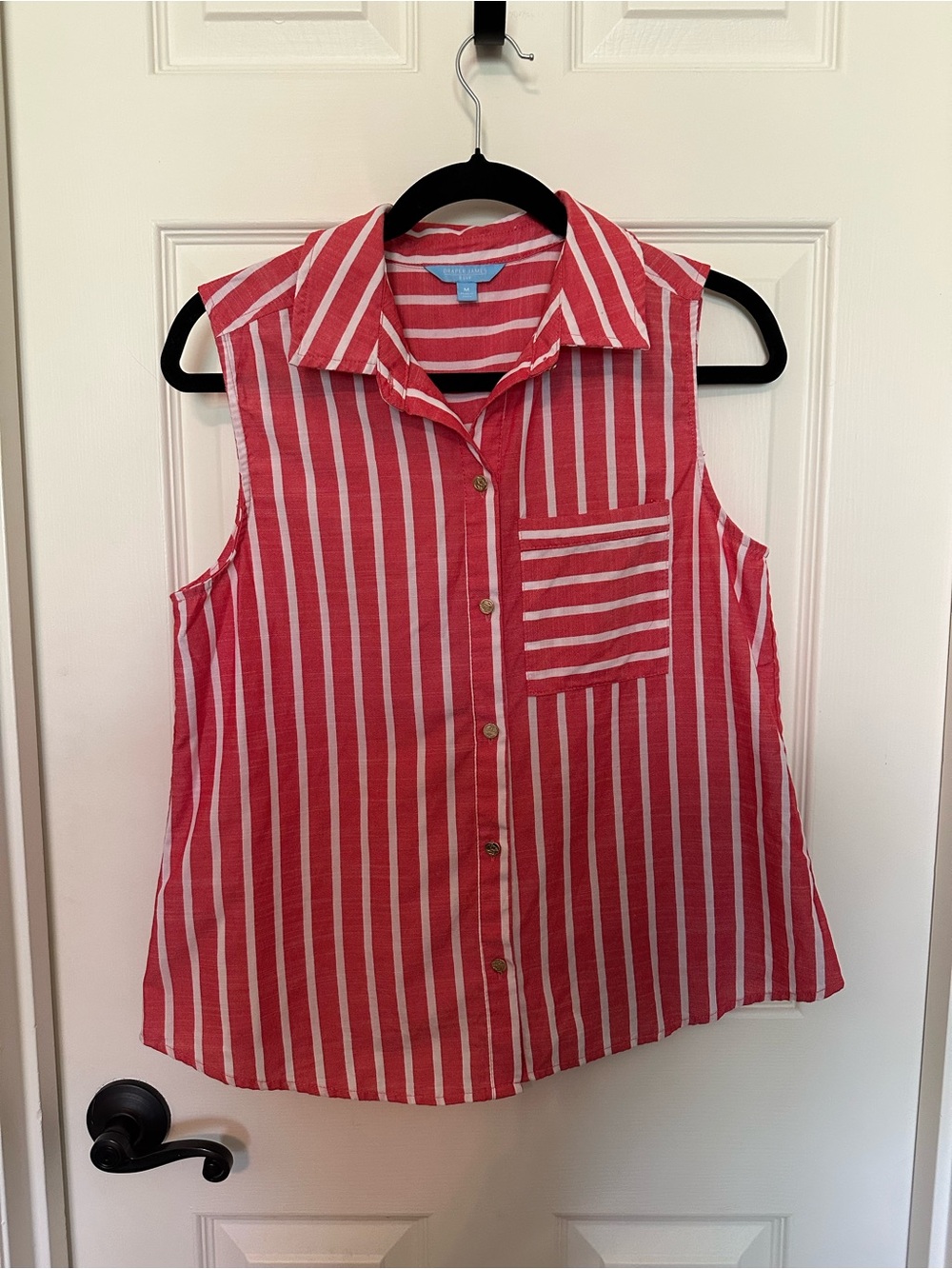 Draper James Red & White Sleeveless Striped Button-Up Tank